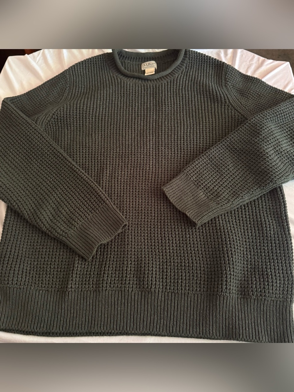 LL Bean Sweater Mens Large Dark Green Organic Cotton Waffle Roll Neck Fisherman